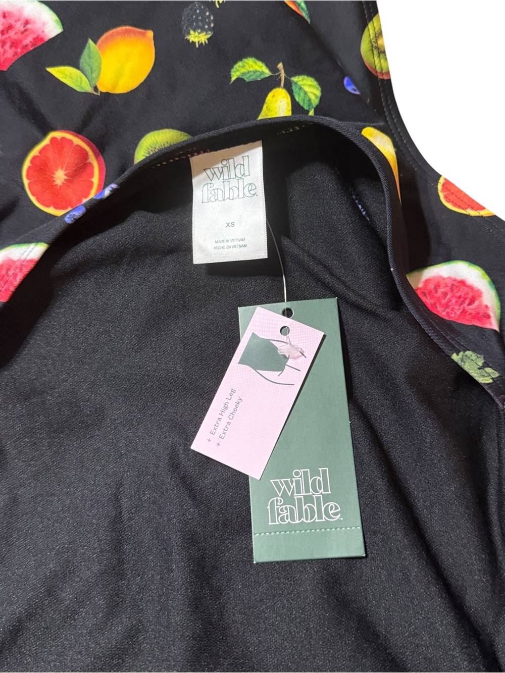 Wild Fable Fruit Print Tie Shoulder One Piece Swimsuit Black Cutout XS NWT - Picture 2 of 3